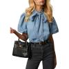 imageCHARTOU Women Tie Front Denim Shirt Puff Short Sleeve Snap Button Down Jean Blouse TopsBlue