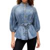 imageCHARTOU 34 Lantern Sleeve Denim Shirt Women Stand Collar Button Up Jean Blouse Western Boho Tops with BeltBlue