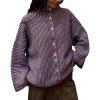 imageCHARTOU Women Colorful Button Up Y2k Sweater Striped Fall Stand Collar Cropped Cardigan Cute Long Sleeve TopPurple