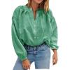imageCHARTOU Women Plaid Mock Neck Shirt Puff Long Sleeve Blouse Front Half Button Casual TopsGreen