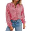 imageCHARTOU Women Plaid Mock Neck Shirt Puff Long Sleeve Blouse Front Half Button Casual TopsRed