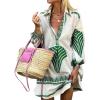 imageCHARTOU Women V Neck Boho Beach Mini Dress Lantern Long Sleeve Printed Loose Shirt DressGreen
