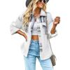 imageCHARTOU Womens Oversized Fleece Shacket Flannel Brushed Patchwork Plaid Button Down Shirt Jacket CoatGray