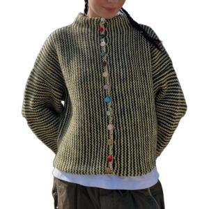 imageCHARTOU Women Colorful Button Up Y2k Sweater Striped Fall Stand Collar Cropped Cardigan Cute Long Sleeve TopGreen