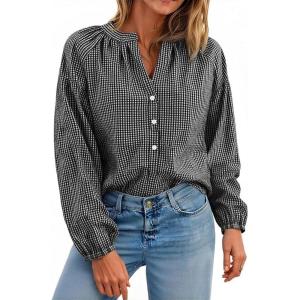 imageCHARTOU Women Plaid Mock Neck Shirt Puff Long Sleeve Blouse Front Half Button Casual TopsBlack