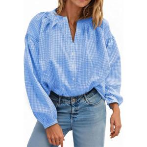imageCHARTOU Women Plaid Mock Neck Shirt Puff Long Sleeve Blouse Front Half Button Casual TopsBlue