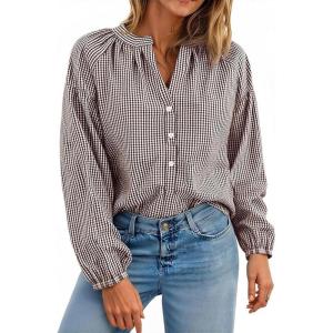 imageCHARTOU Women Plaid Mock Neck Shirt Puff Long Sleeve Blouse Front Half Button Casual TopsCoffee