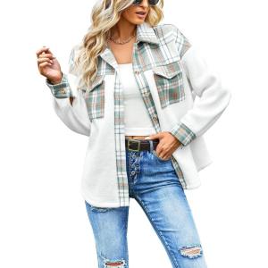 imageCHARTOU Womens Oversized Fleece Shacket Flannel Brushed Patchwork Plaid Button Down Shirt Jacket CoatGreen