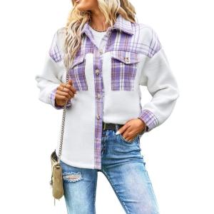 imageCHARTOU Womens Oversized Fleece Shacket Flannel Brushed Patchwork Plaid Button Down Shirt Jacket CoatPurple