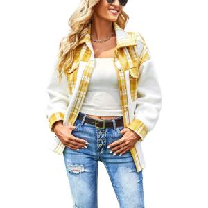 imageCHARTOU Womens Oversized Fleece Shacket Flannel Brushed Patchwork Plaid Button Down Shirt Jacket CoatYellow
