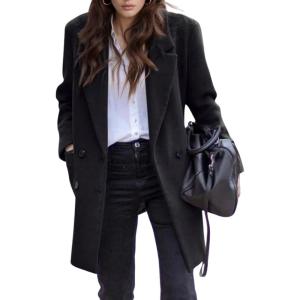 imageCHARTOU Mid Long Winter Coats for Women 2024 Double Breasted Wool Pea Coats Trench Thicken Tweed OvercoatBlack