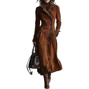 imageCHARTOU Women Faux Suede Leather Jacket Notched Lapel Double Breasted Trench Overcoat Long Winter CoatBrown