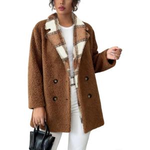 imageCHARTOU Women Fuzzy Fleece Sherpa Pea Coat Winter Plaid Double Breasted Overcoat Outwear JacketBrown