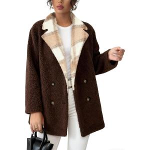 imageCHARTOU Women Fuzzy Fleece Sherpa Pea Coat Winter Plaid Double Breasted Overcoat Outwear JacketCoffee