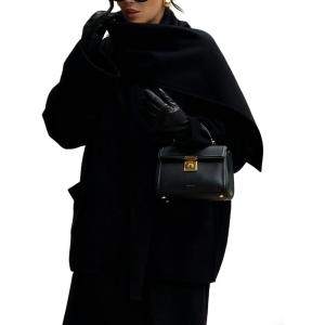 imageCHARTOU Women Oversized Wool Trench Overcoat Winter Scarf Collar Single Breasted Outwear JacketBlack