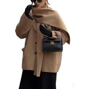 imageCHARTOU Women Oversized Wool Trench Overcoat Winter Scarf Collar Single Breasted Outwear JacketCamel