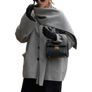 imageCHARTOU Women Oversized Wool Trench Overcoat Winter Scarf Collar Single Breasted Outwear JacketGrey