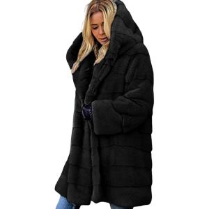 imageCHARTOU Women Shaggy Faux Fur Coat with Hood Thick Warm Overcoat Long Puffer Coat Fluffy Jacket WinterBlack