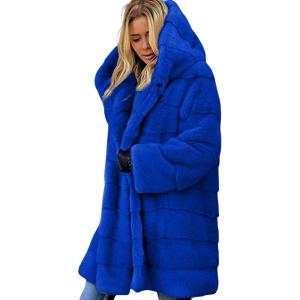 imageCHARTOU Women Shaggy Faux Fur Coat with Hood Thick Warm Overcoat Long Puffer Coat Fluffy Jacket WinterBlue