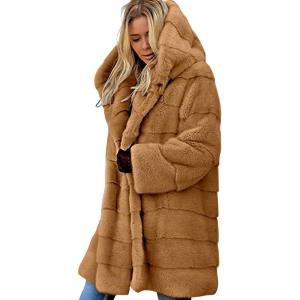 imageCHARTOU Women Shaggy Faux Fur Coat with Hood Thick Warm Overcoat Long Puffer Coat Fluffy Jacket WinterCamel