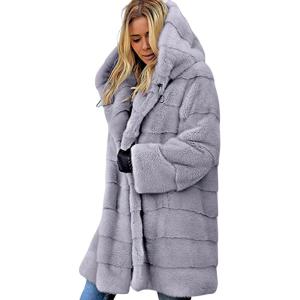 imageCHARTOU Women Shaggy Faux Fur Coat with Hood Thick Warm Overcoat Long Puffer Coat Fluffy Jacket WinterGrey
