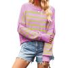 imageCHARTOU Women Loose Crew Neck Cable Knit Sweater Fall Ribbed Long Sleeve Knitted Sweater Pullover JumperPurple Stripe