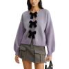 imageCHARTOU Women Fall Knit Sweater Dressy Velvet Bow Tie Front Short Oversized Pullover Tops Casual JumperPurple