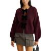 imageCHARTOU Women Fall Knit Sweater Dressy Velvet Bow Tie Front Short Oversized Pullover Tops Casual JumperWine