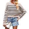 imageCHARTOU Women Loose Crew Neck Cable Knit Sweater Fall Ribbed Long Sleeve Knitted Sweater Pullover JumperApricot Stripe