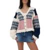 imageCHARTOU Womens Boho Cropped Cardigan Color Block Short Scalloped V Neck Buttons Knit Fall SweaterNavy