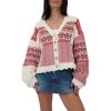 imageCHARTOU Womens Boho Cropped Cardigan Color Block Short Scalloped V Neck Buttons Knit Fall SweaterRed