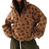 imageCHARTOU Womens Half Zip Sherpa Pullover Striped Oversized Sweatshirt Floral Stand Collar Fleece JacketBrown
