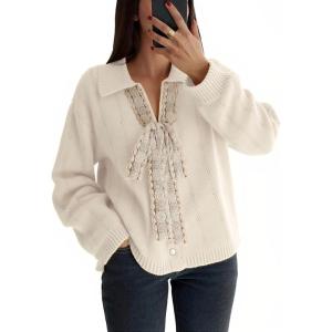 imageCHARTOU Cardigan Sweaters for Women Button Down V Neck Bow Tie Lace Dressy Cardigan Sweater TopsApricot