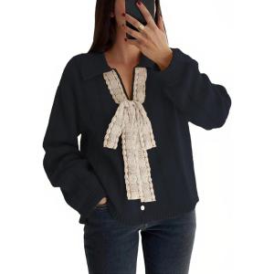 imageCHARTOU Cardigan Sweaters for Women Button Down V Neck Bow Tie Lace Dressy Cardigan Sweater TopsBlack