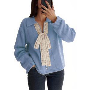 imageCHARTOU Cardigan Sweaters for Women Button Down V Neck Bow Tie Lace Dressy Cardigan Sweater TopsBlue