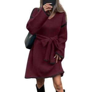 imageCHARTOU Causal Loose Straight Fit Sweater Dress for Women Fall 2025 Outfit Contrast Jumper Knit Sweater with BeltRed
