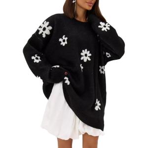 imageCHARTOU Floral Knit Crewneck Sweaters for Women Trendy Daisy Oversized Pullover Jumper Tops Fall OutfitsBlack
