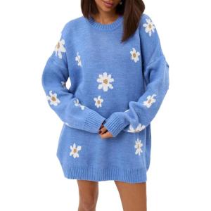 imageCHARTOU Floral Knit Crewneck Sweaters for Women Trendy Daisy Oversized Pullover Jumper Tops Fall OutfitsBlue
