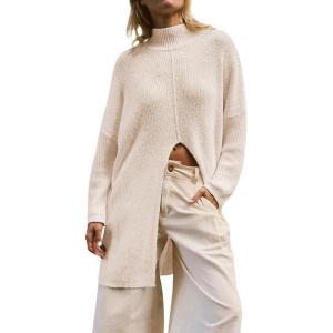imageCHARTOU Women Casual Loose Turtleneck Pullover Sweaters Ribbed Knit Front Slit Mid Length Tunic Dress FallApricot
