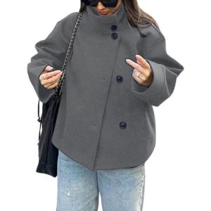 imageCHARTOU Women Crop Pea Coat Wool Blend Winter Loose Casual Short Jacket OutwearGrey