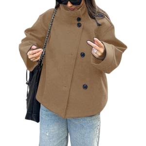 imageCHARTOU Women Crop Pea Coat Wool Blend Winter Loose Casual Short Jacket OutwearKhaki