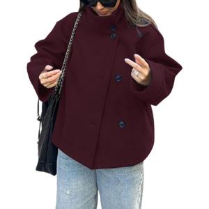 imageCHARTOU Women Crop Pea Coat Wool Blend Winter Loose Casual Short Jacket OutwearWine