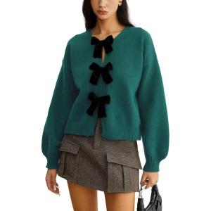 imageCHARTOU Women Fall Knit Sweater Dressy Velvet Bow Tie Front Short Oversized Pullover Tops Casual JumperPeacock Blue