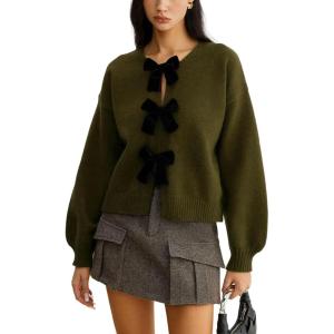 imageCHARTOU Women Fall Knit Sweater Dressy Velvet Bow Tie Front Short Oversized Pullover Tops Casual JumperPickle