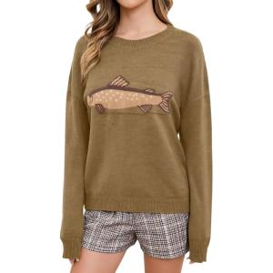 imageCHARTOU Women Fashion Crew Neck Rib Knit Crucian Carp Graphic Oversized Y2k Pullover Sweater JumperBrown