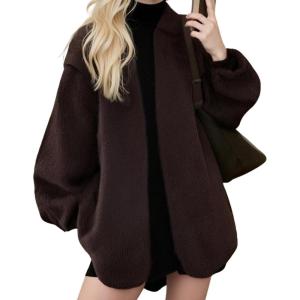 imageCHARTOU Women Fuzzy Open Front Cardigan Sweater Fall Winter Oversized Balloon Long Sleeve Outwear CoatCoffee
