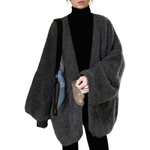 imageCHARTOU Women Fuzzy Open Front Cardigan Sweater Fall Winter Oversized Balloon Long Sleeve Outwear CoatGrey