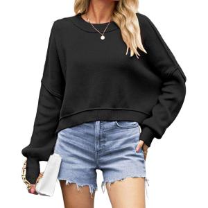 imageCHARTOU Women Loose Crew Neck Cable Knit Sweater Fall Ribbed Long Sleeve Knitted Sweater Pullover JumperBlack