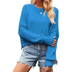 imageCHARTOU Women Loose Crew Neck Cable Knit Sweater Fall Ribbed Long Sleeve Knitted Sweater Pullover JumperBlue