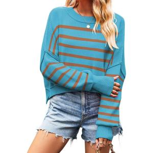 imageCHARTOU Women Loose Crew Neck Cable Knit Sweater Fall Ribbed Long Sleeve Knitted Sweater Pullover JumperBlue Stripe
